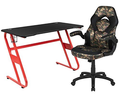 Flash Furniture Red Gaming Desk and Camouflage/Black Racing Chair Set with Cup Holder and Headphone Hook