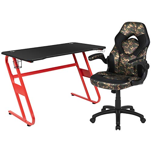 Flash Furniture Red Gaming Desk and Camouflage/Black Racing Chair Set with Cup Holder and Headphone Hook
