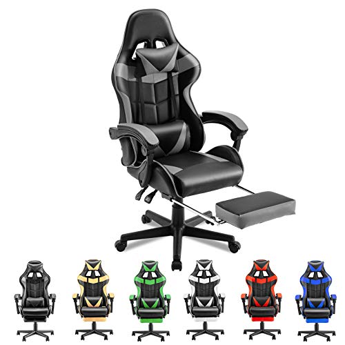 Soontrans Ergonomic Office Chair PC Gaming Chair Racing Chair for Gaming,Computer Chair,E-Sports Chair with High-Back,Adjustable Headrest and Lumbar Support,Retractable Footrest(Silver Grey)