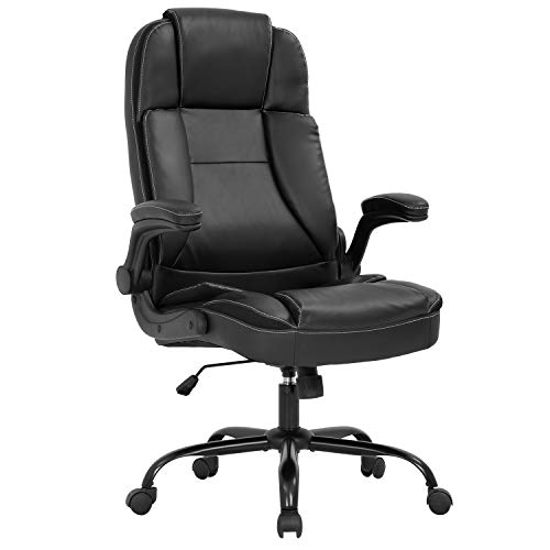 Office Chair Ergonomic Desk Chair PU Leather Computer Chair with Lumbar Support Flip up Armrest Task Chair Rolling Swivel Executive Chair for Men(Black)