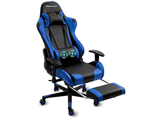 WeGuard Massage Gaming Chair Racing Office Computer Game Chair Swivel Ergonomic Executive PU Leather Chair with Adjustable Headrest and Lumbar and Support Retractable Footrest (Blue)