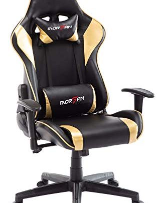 Morfan Gaming Chair Massage and Rocking Function Computer PU Leather Swivel Racing Style Office Chair with Adjusted Headrest & Lumbar Support F Series (Black/Gold) …