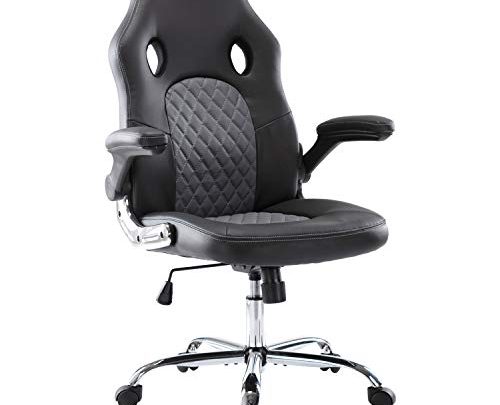 Office Chair, Gaming Chair Bonded Leather, Ergonomic Computer Desk Chair Task Swivel Executive Chairs High Back with Flip-up Armrests and Rolling Casters (Black/Grey)
