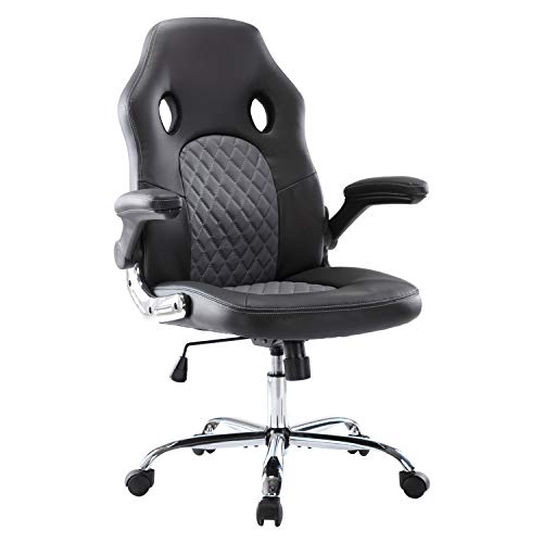 Office Chair, Gaming Chair Bonded Leather, Ergonomic Computer Desk Chair Task Swivel Executive Chairs High Back with Flip-up Armrests and Rolling Casters (Black/Grey)