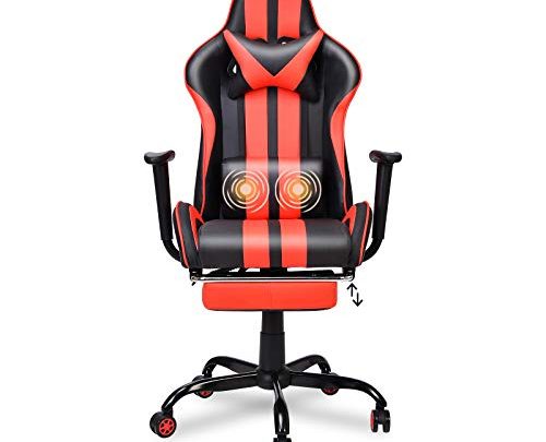 Ferghana Massage Gaming Chair, Higher Back Ergonomic Racing Style PC Game Computer Chair with Thicker Footrest,Headrest Lumbar Pillow(Red)