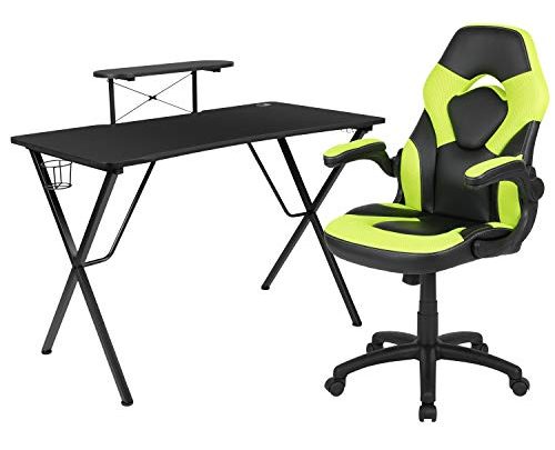 Flash Furniture Black Gaming Desk and Green/Black Racing Chair Set with Cup Holder, Headphone Hook, and Monitor/Smartphone Stand