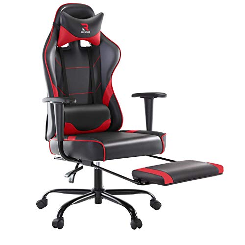 Rimiking Ergonomic Gaming Chair with Footrest – Adjustable Swivel Leather Racing Computer Desk Chair with Lumbar Support and Headrest for Adult and Kid (Red)