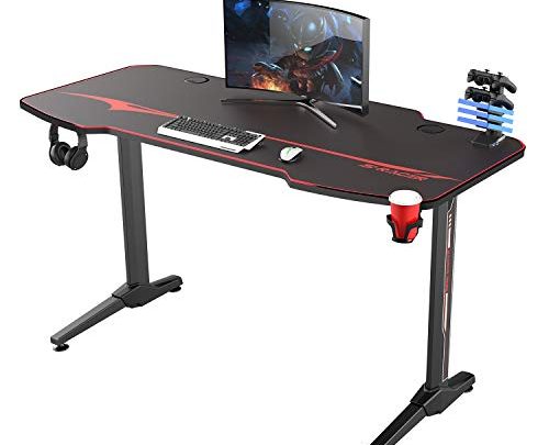 Greesum 44 Inch T Shaped Racing Style Computer Gaming Desk, Home Office Table with Handle Rack, Headphone Hook, Cup Holder, Carbon Fiber Surface & Comfortable Mouse Mat,