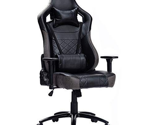 Blue Whale Big and Tall Gaming Chair with Massage Lumbar Support,Metal Base and 3D Aluminum Alloy Armrest Racing PC Computer Video Game Chair High Back PU Leather Office Desk Chair with Headrest Grey