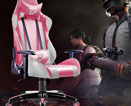 RuiDun Gaming Chair Office Chair Racing Chair High-Back Chair PU Leather Chair Ergonomic Adjustable Seat with Headrest and Lumbar Support (Pink/White)