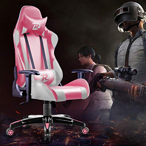 RuiDun Gaming Chair Office Chair Racing Chair High-Back Chair PU Leather Chair Ergonomic Adjustable Seat with Headrest and Lumbar Support (Pink/White)