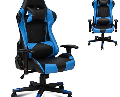 Gaming Chair Reclining PU Leather Game Chair, Ergonomic Office Chair, 360-degree Adjustable Armrest Game Chair with Headrest and Lumbar Pillow Bearing 330 LBS (Blue)