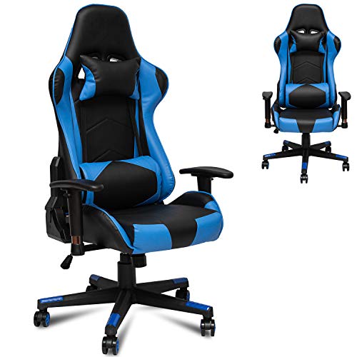 Gaming Chair Reclining PU Leather Game Chair, Ergonomic Office Chair, 360-degree Adjustable Armrest Game Chair with Headrest and Lumbar Pillow Bearing 330 LBS (Blue)
