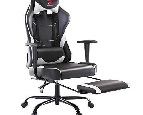 RIMIKING Gaming Chair Racing Bonded Leather Chair with Footrest 360°Swivel with Headrest and Lumbar Support Ergonomic Design for Women Men White