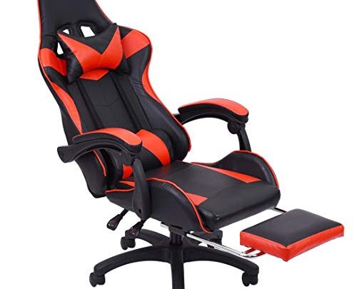 Gaming Chair with Footrest Racing Office Chair Ergonomic Desk Chair Massage PU Leather Recliner Computer Chair with Lumbar Support Headrest Armrest Footrest Rolling Swivel Task Chair for Adults (Red)