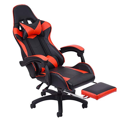 Gaming Chair with Footrest Racing Office Chair Ergonomic Desk Chair Massage PU Leather Recliner Computer Chair with Lumbar Support Headrest Armrest Footrest Rolling Swivel Task Chair for Adults (Red)