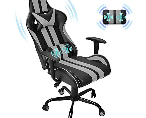 Massage Racing Chair for Gaming,Computer Gaming Chair,PC Chair,Ergonomic Office Chair with Lumbar Supportand and Adjustable Headrest (Grey)