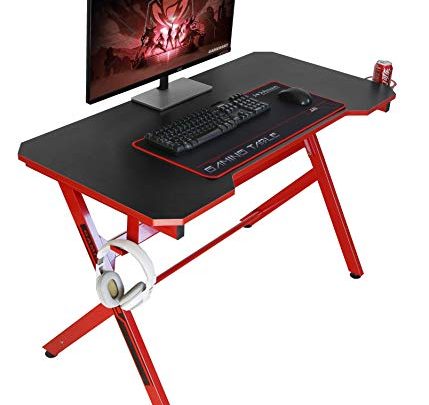 JJS 48″ Home Office Gaming Computer Desk, R Shaped Large Gamer Workstation PC Table with Cup Holder Headphone Hook Free Mouse pad,