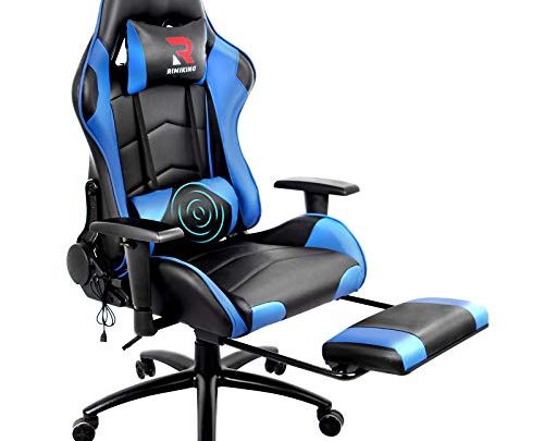 Rimiking Massage Gaming Chair with Footrest Computer Chair Adjustable Swivel Recliner with Headrest and Lumbar Pillow Desk Chair (Blue)