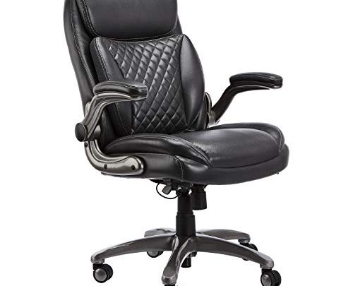 AmazonCommercial Ergonomic High-Back Rhombus-Stitched Leather Executive Chair, with Flip-up Armrests and Motive Lumbar Support, Grey