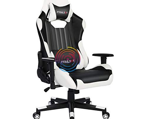 Ptoulemy Massage Gaming Chair Big and Tall Video Game Chair Heavy Duty 360 Swivel Ergonomic Computer Gamer Chair Racing Style 90°-180° Adjustable High Back Headrest and Lumbar Support (White)
