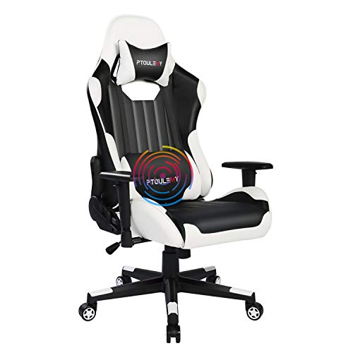Ptoulemy Massage Gaming Chair Big and Tall Video Game Chair Heavy Duty 360 Swivel Ergonomic Computer Gamer Chair Racing Style 90°-180° Adjustable High Back Headrest and Lumbar Support (White)