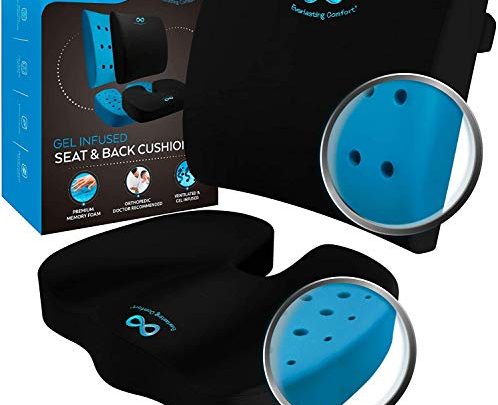 Everlasting Comfort Memory Foam Seat Cushion and Lumbar Back Cushion Combo – Gel Infused and Ventilated – Ergonomic Design for Coccyx and Tailbone – Perfect for Office Chairs and Car Seats