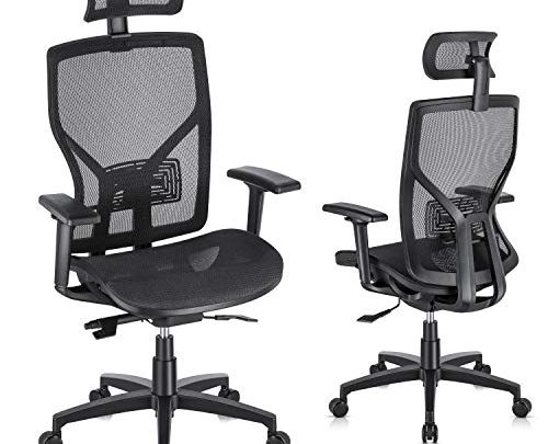 SUNNOW Ergonomic Office Chair Computer Mesh Chair with Adjustable Lumbar Support, Sliding Seat, Headrest, 3D Armrest-High Back Swivel Task Executive Chair for Home Office