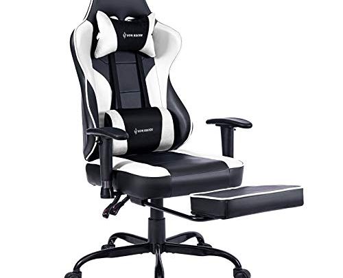 VON RACER Massage Gaming Chair Racing Office Chair – Adjustable Massage Lumbar Cushion, Retractable Footrest and Arms High Back Ergonomic Leather Computer Desk Chair,