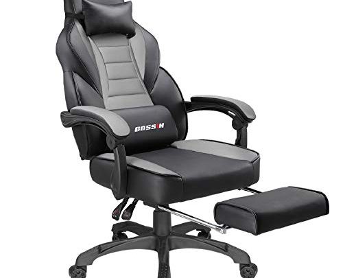 BOSSIN Gaming Chair Office Computer Desk Chair with Footrest and Headrest Racing Game Ergonomic Design Large Size High-Back E-Sports Chair PU Leather Swivel Chair Sillas Gaming (Gray)