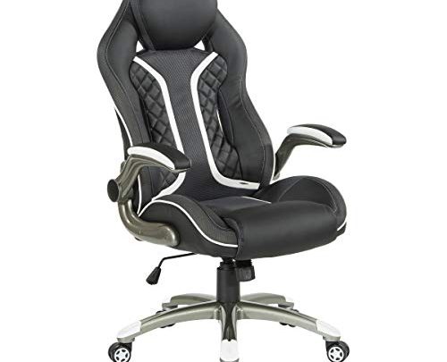OSP Designs Xplorer 51 Ergonomic Adjustable High Back Gaming Chair, Black Faux Leather with White Trim