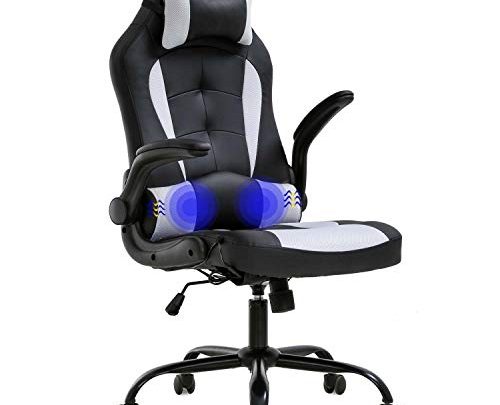 OffiClever Racing Style Office High Back Desk Executive PU Leather Rolling Task Swivel Computer with Lumbar Support Headrest, White