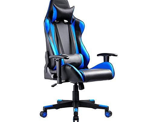 Ergonomic high-back gaming chair with massager waist support and retractable footrest PU leather 90-180 degree adjustable backrest-Blue