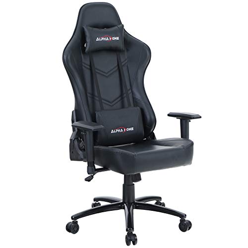 ALPHA HOME Gaming Chair Office Chair High Back Computer Chair PU Leather Desk Chair PC Racing Executive Ergonomic Adjustable Swivel Task Chair with Headrest and Lumbar Support,Black