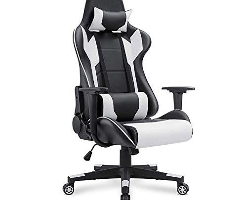 Ergonomic high-back gaming chair with massager waist support and retractable footrest PU leather 90-180 degree adjustable backrest-White