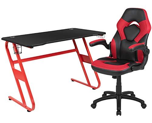Flash Furniture Red Gaming Desk and Red/Black Racing Chair Set with Cup Holder and Headphone Hook