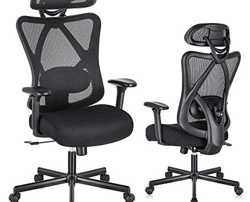 SUNNOW Ergonomic Office Chair, High Back Computer Chair with Adjustable Lumbar Support, Armrest, Thick Foam Cushion, Mesh Headrest and Tilt Back,