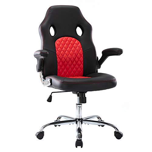 Gaming Chair, Ergonomic Computer Chair, Racing Style High Back Lumbar Support Bonded Leather Swivel Desk Chair Video Gaming Chairs with Flip-up Armrests,
