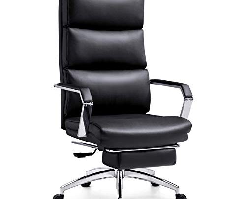 Ticova Executive Office Chair – High Back Rocking PU Leather Office Chair with Iron Armrest and Footrest – Reclining Computer Desk Chair with Ergonomic Segmented Back and Thick Padding