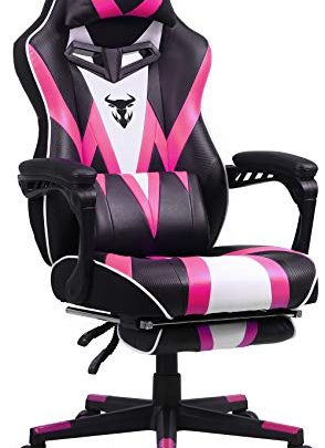 Gaming chair with Footrest, Light Pink Gamer Chair for Girls, Reclining Computer Chair with Massage, High Back Desk Chair for Gaming,