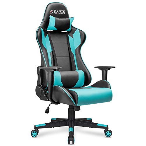 Furniwell Gaming Chair Racing Computer Chair PC Office Desk Chair Adjustable Swivel High Back Carbon Fiber Style PU Leather Executive Ergonomic Chair with Headrest and Lumbar Support (Cyan)