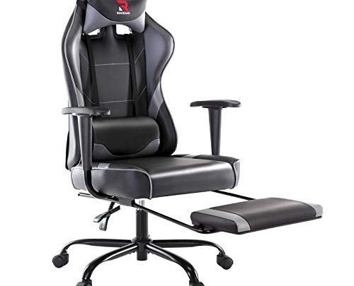 Rimiking Ergonomic Gaming Chair with Footrest – Adjustable Swivel Leather Racing Computer Desk Chair with Lumbar Support and Headrest for Adult and Kid (Grey)