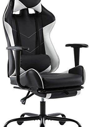 Gaming Chair PC Computer Ergonomic Video Game Chair ffice Chair High Back Computer Chair Leather Desk Chair Lumbar Support with Footrest Modern Task Rolling Swivel Racing Chair (White)