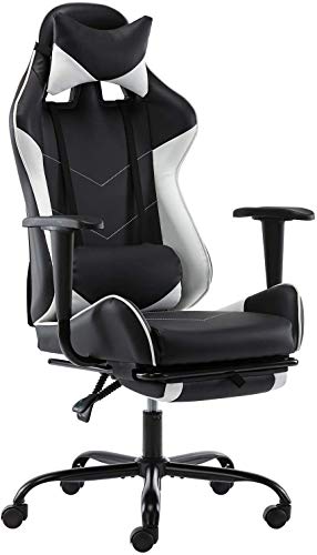 Gaming Chair PC Computer Ergonomic Video Game Chair ffice Chair High Back Computer Chair Leather Desk Chair Lumbar Support with Footrest Modern Task Rolling Swivel Racing Chair (White)