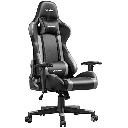 Muzii PC Gaming Chair for Pro,4-Color Choice PU Leather Racing Style Ergonomic Adjustable Computer Chair for Office or Game with Headrest and Lumbar Pillow for Adults and Teens (Grey)