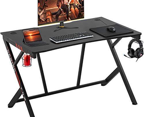 Gaming Desk 45″ W x 29″ D Home Office Computer Desk Racing Style Study DeskExtra Large Modern Ergonomic PC Carbon Fiber Writing Desk Table with Cup Holder Headphone Hook