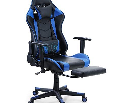 PHI VILLA Video Gaming Chair – with Footrest and Massage,Ergonomic Racing Computer Game Desk Chair with Adjustable Height and Backrest for Adults and Teens,Maximum Load Bearing up to 300 lbs,Blue