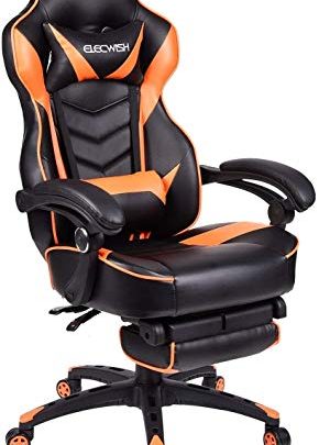 Video Gaming Chair Racing Office – Reclining PU Leather High Back Ergonomic Adjustable Swivel Executive Computer Desk Large Size Footrest Headrest Lumbar Support Adjustable arms Cushion (Orange)