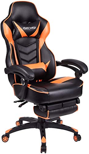 Video Gaming Chair Racing Office – Reclining PU Leather High Back Ergonomic Adjustable Swivel Executive Computer Desk Large Size Footrest Headrest Lumbar Support Adjustable arms Cushion (Orange)