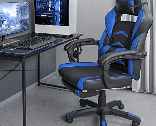 OKVAC Racing Style PC Video Gaming Chair, Home Office High-Back Ergonomic Backrest Executive Seat, Height & Backrest Adjustment, E-Sports Recliner Swivel with Headrest Lumbar Pillow Footrest (Blue)